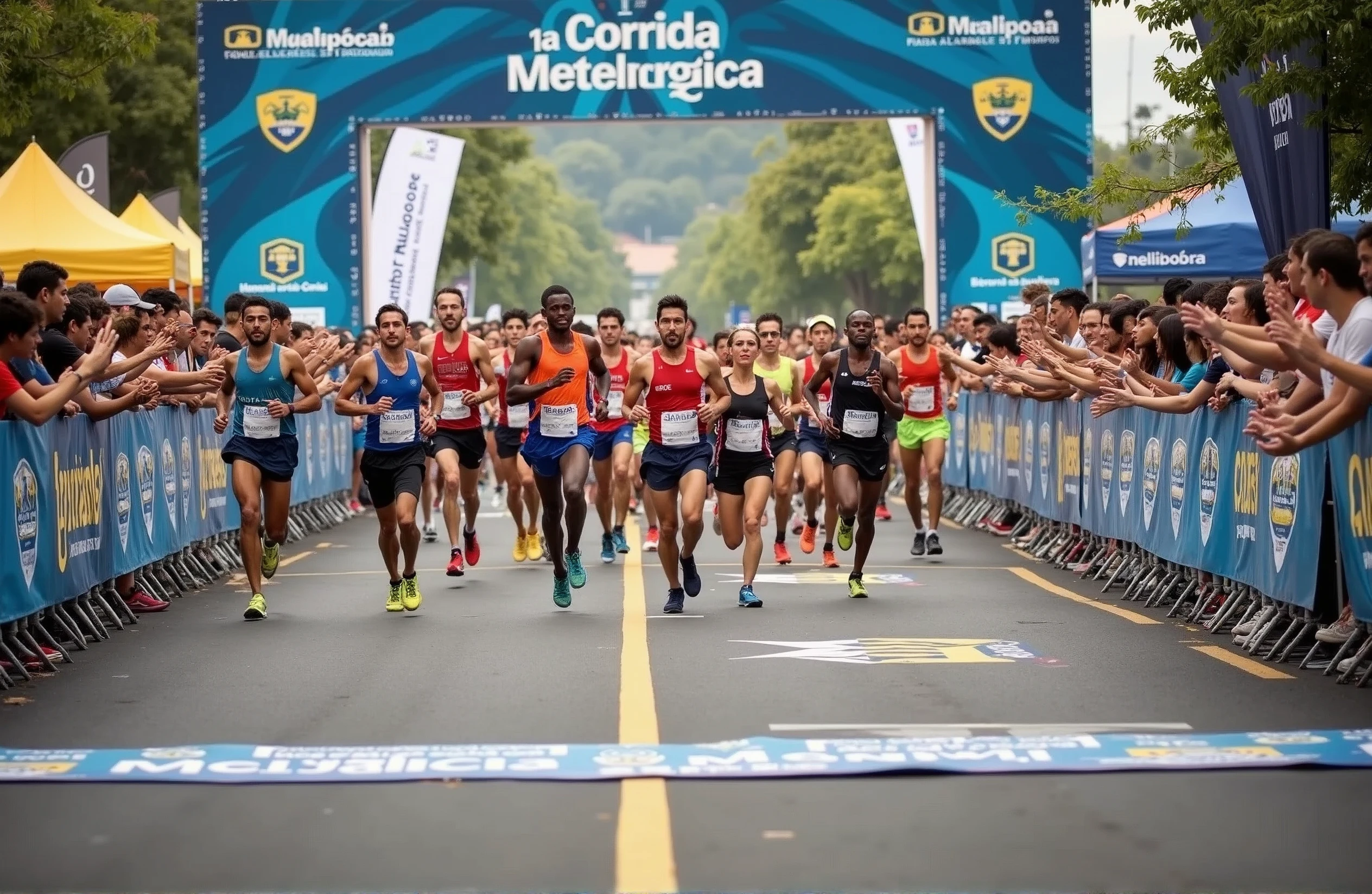 A high-quality photo of a large group of Brazilian people running in a marathon during the daytime. The runners, wearing a variety of colorful athletic gear, are in mid-stride, with expressions of focus and determination. sunlight dapples the ground, creating dynamic shadows. The scene is lively with spectators cheering from the sidelines, and the overall atmosphere is energetic and celebratory. Text written on banner "1ª Corrida Metelurgica"