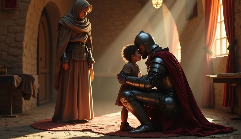 A highly realistic, high-contrast, 8K HD, detailed, hyper-detailed image of a Crusader knight in armor, saying goodbye to his wife and child in a rustic home. The knight, dressed in steel armor with a red cross on his tunic, is kneeling down to embrace his child while his wife stands nearby, holding his hand. The scene is filled with warm, emotional light, casting a soft glow over the family as they share this tender moment. The atmosphere is bittersweet, capturing the love and sorrow of the farewell as the knight prepares to leave for battle. The image is of the highest quality, with ultra-high resolution, RAW photo quality, and Unreal Engine rendering, portraying the deep emotions and bonds of the Crusader knight and his family in their rustic home.