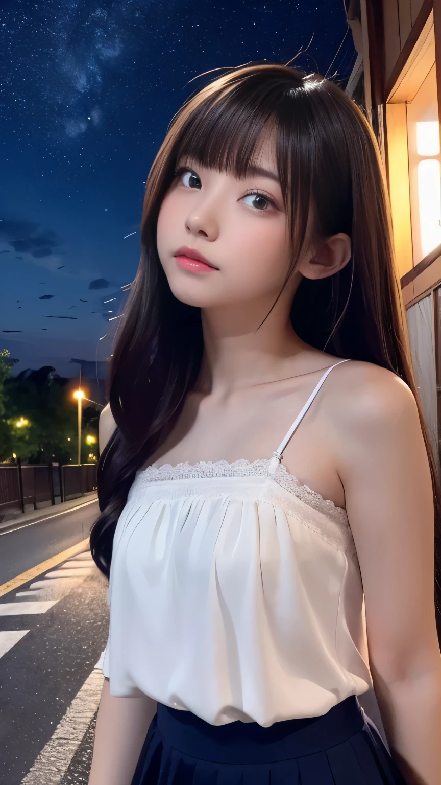 Beautiful images、Beautiful images、Night Sky、shooting start or herd、Teen、Iris、Hair length、Looking up at the sky、Japanese、high school girl、camisole、Fluttering mini skirt、