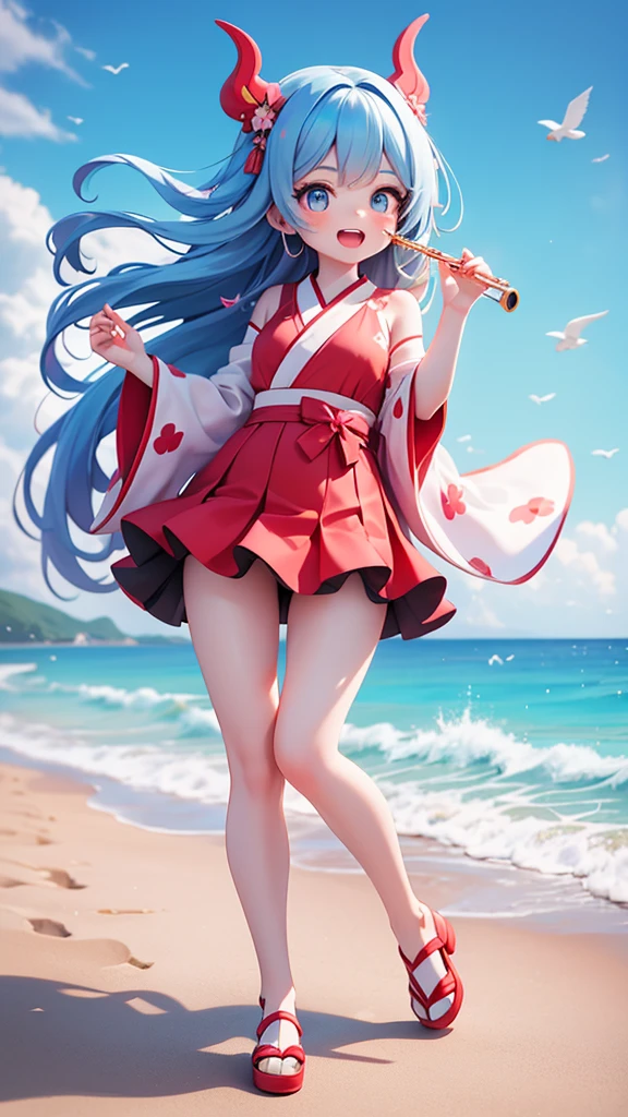 actionhappy and jumping
A half-Japanese-Russian woman with blue eyes, blue hair, fair skin, and long, beautiful legs that match her red shoes. She was wearing a knee-length, see-through red dress. She stands on the beach. She is playing a flute on the beach, full body 4k, Front view.