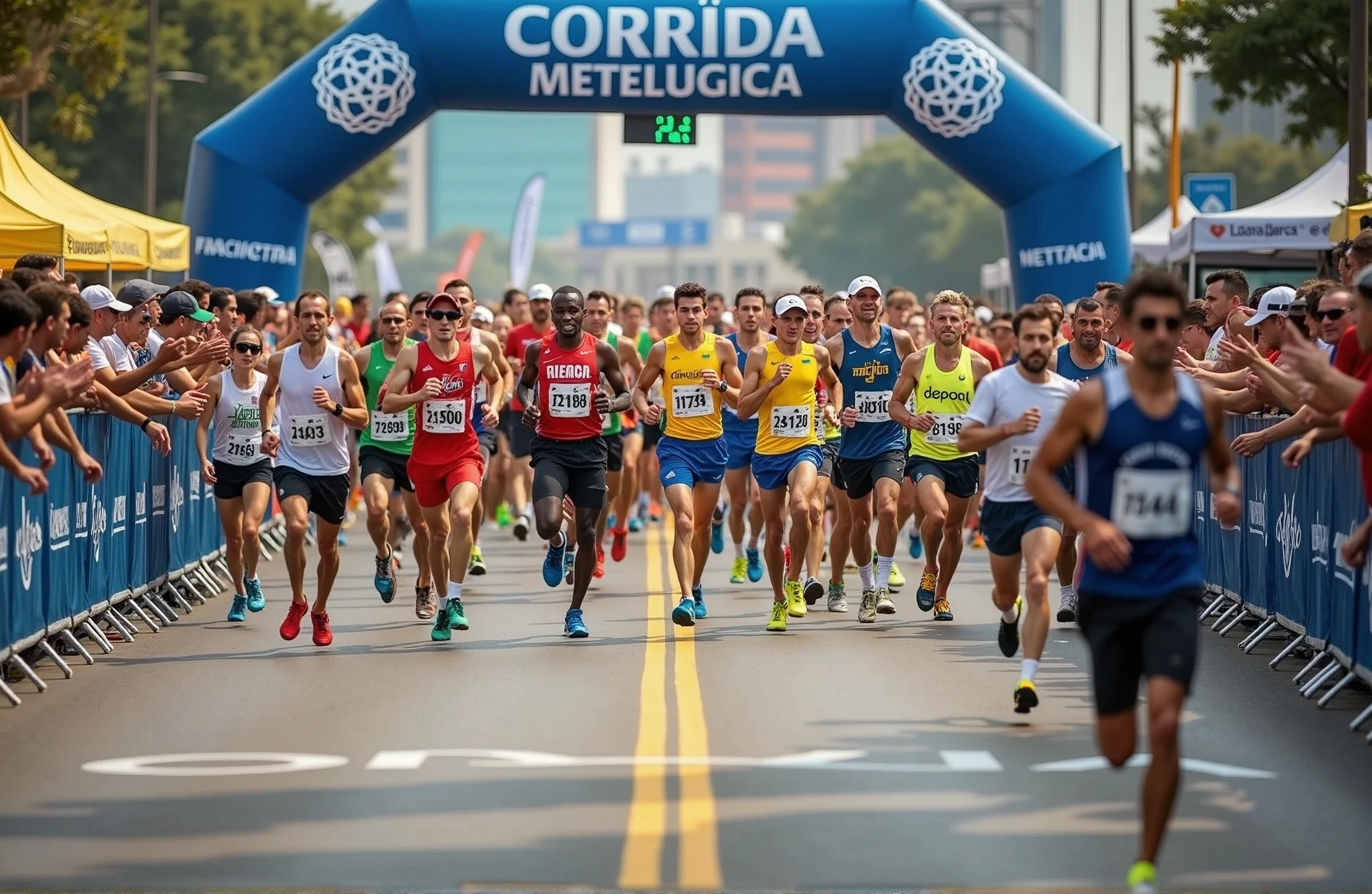 A high-quality photo of a large group of Brazilian people running in a marathon during the daytime. The runners, wearing a variety of colorful athletic gear, are in mid-stride, with expressions of focus and determination. sunlight dapples the ground, creating dynamic shadows. The scene is lively with spectators cheering from the sidelines, and the overall atmosphere is energetic and celebratory. Text written on banner "1ª Corrida Metelurgica"