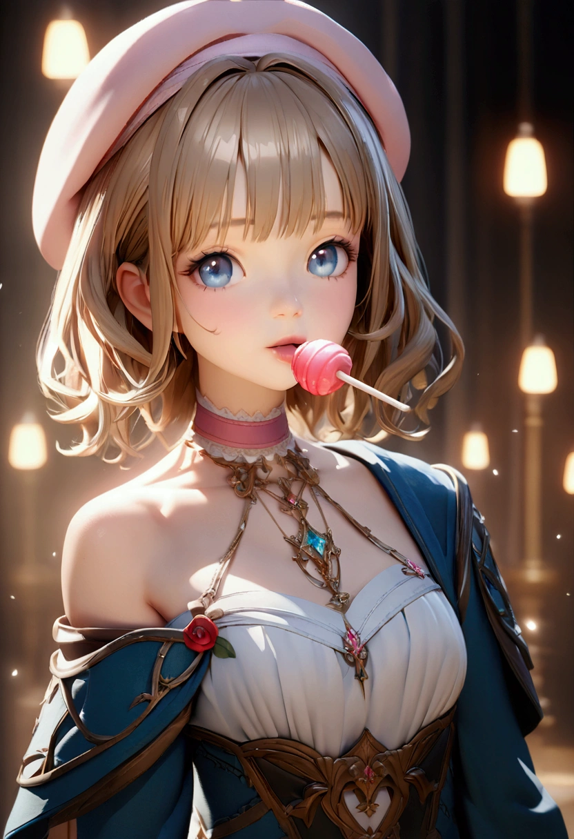((greatest masterpiece:1.3, ultimate quality:1.3, ultra-detailed:1.2)), (movie lighting), ((perfectly sensual)), super fine illustration, an extremely delicate and beautiful, 4K, 8K, 16K, UHD, 1girl, solo, light brown hair, blue eyes, pink beret, white ribbon, pink choker, flower pendant, white off-shoulder dress, blue jacket, leather strap across chest, eating lollipop, cute expression, soft lighting, dark background, 3D render style, detailed skin texture, realistic shading, gentle gaze, anime style, upper body focus, front view, slight head tilt, pastel colors, delicate features, intricate clothing details, sophisticated look, fantasy RPG character design, luminous effects, high-quality CG rendering