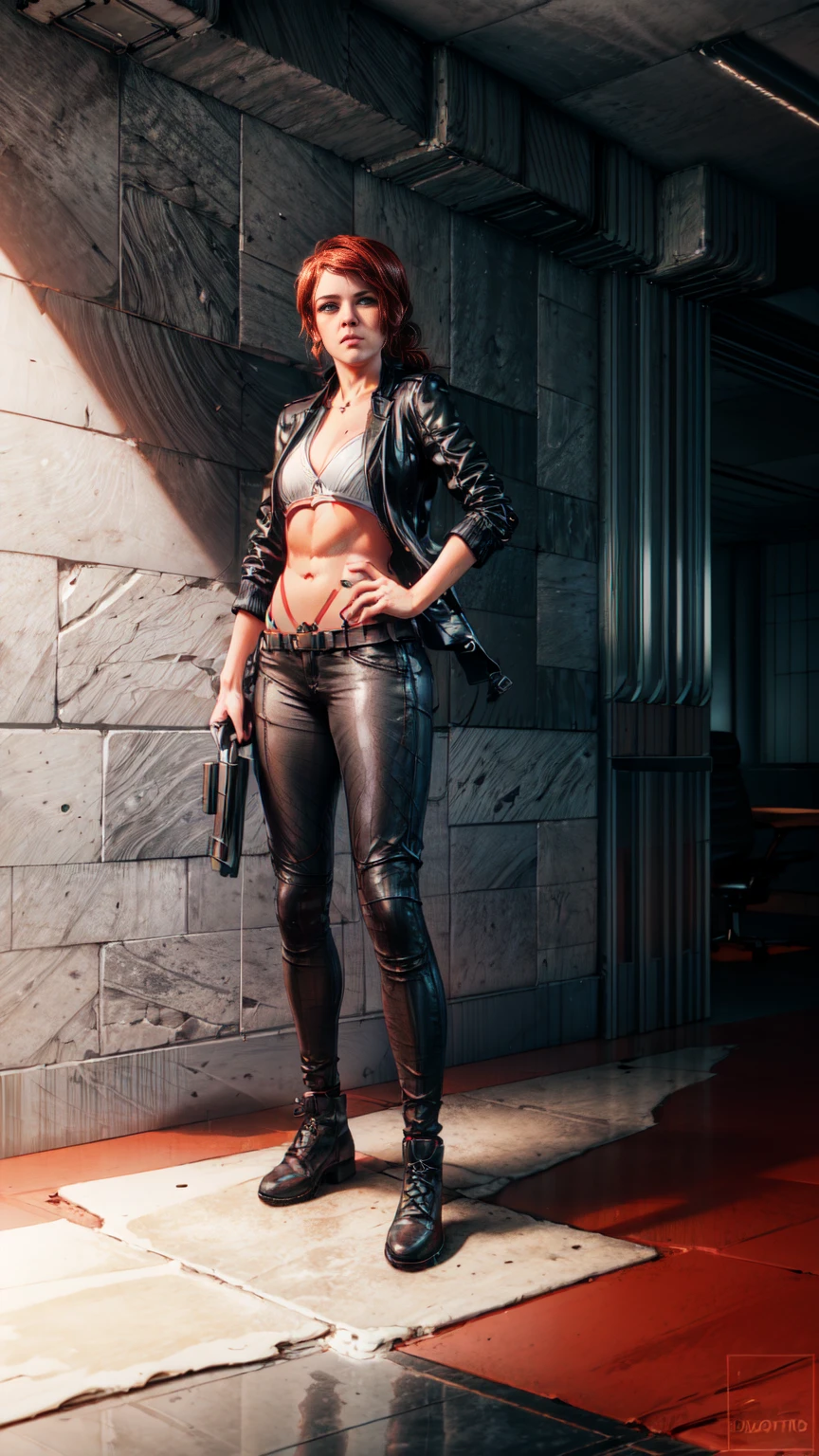 ((Courtney Hope)), red hair, asymmetrical hair, short ponytail, wavy hair, sidelocks, low ponytail, serious, Jesse Faden from video game "Control", Fitted Black motorcycle/bomber jacket 1/4 cropped, (tight, red micro  top under jacket), Skin tight black jeans, (strong glutes), matte black leather motorcycle boots, Slim but lightly toned build, Small bust, wide shot, from above, (pinup pose:1.6), UHD, 16k, best quality, anatomically correct, accurate, masterpiece, (full body portrait), set in a dishevelled but clean office interior with white brutalist design and white concrete walls