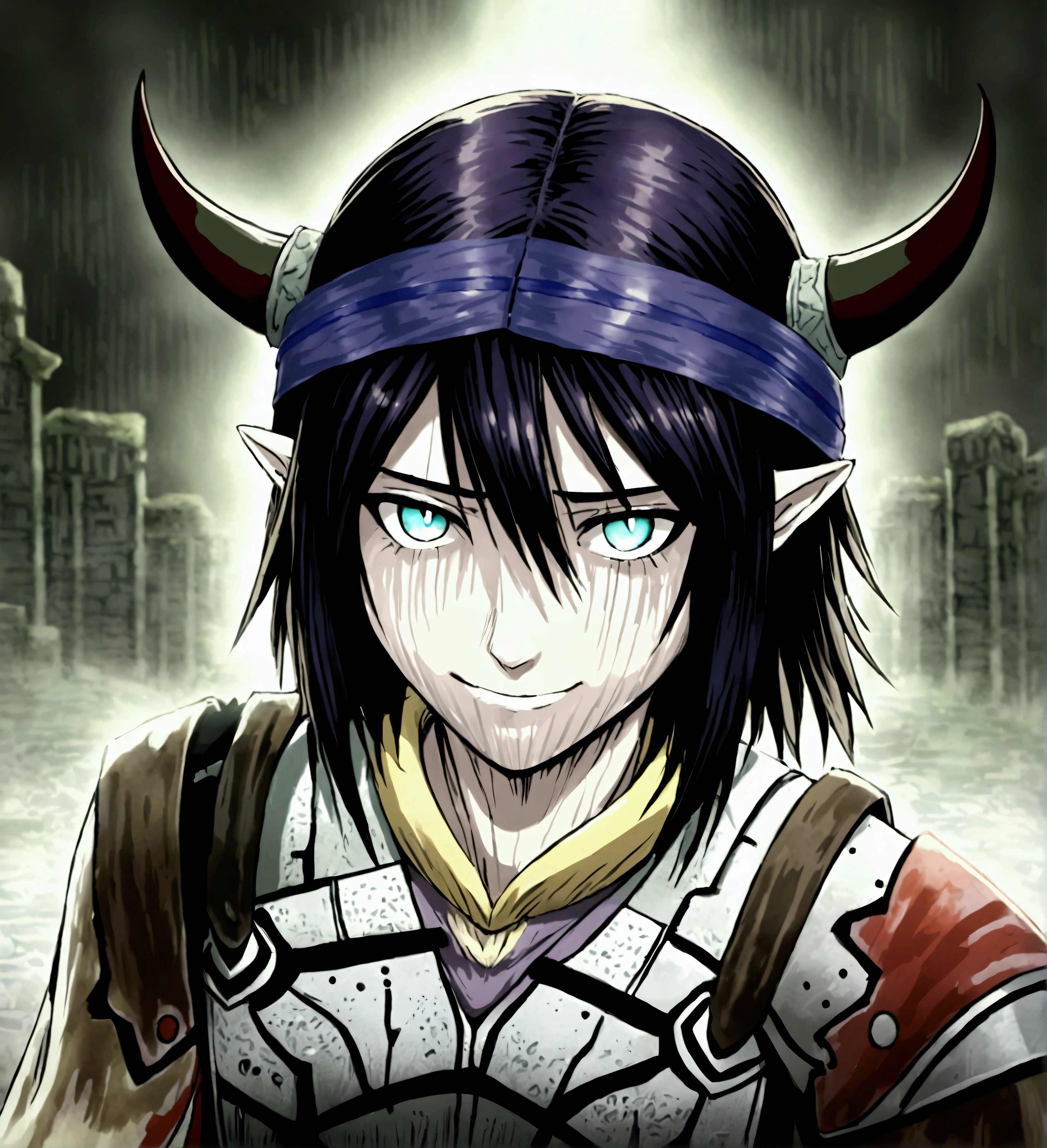 Wander from Shadow of the Colossus holding a glowing sword, With horns on his head and smiling