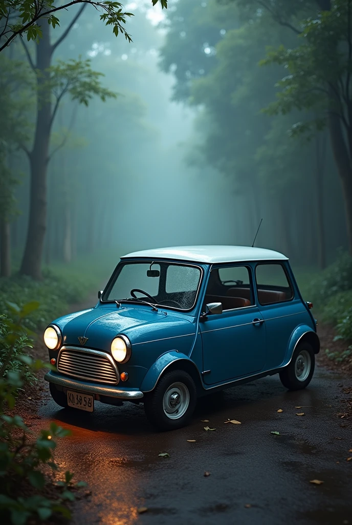 Mini Cooper blue color, 2008 year with white roof on a street in the Bolivian Amazon , Illuminated amidst mist and shadows