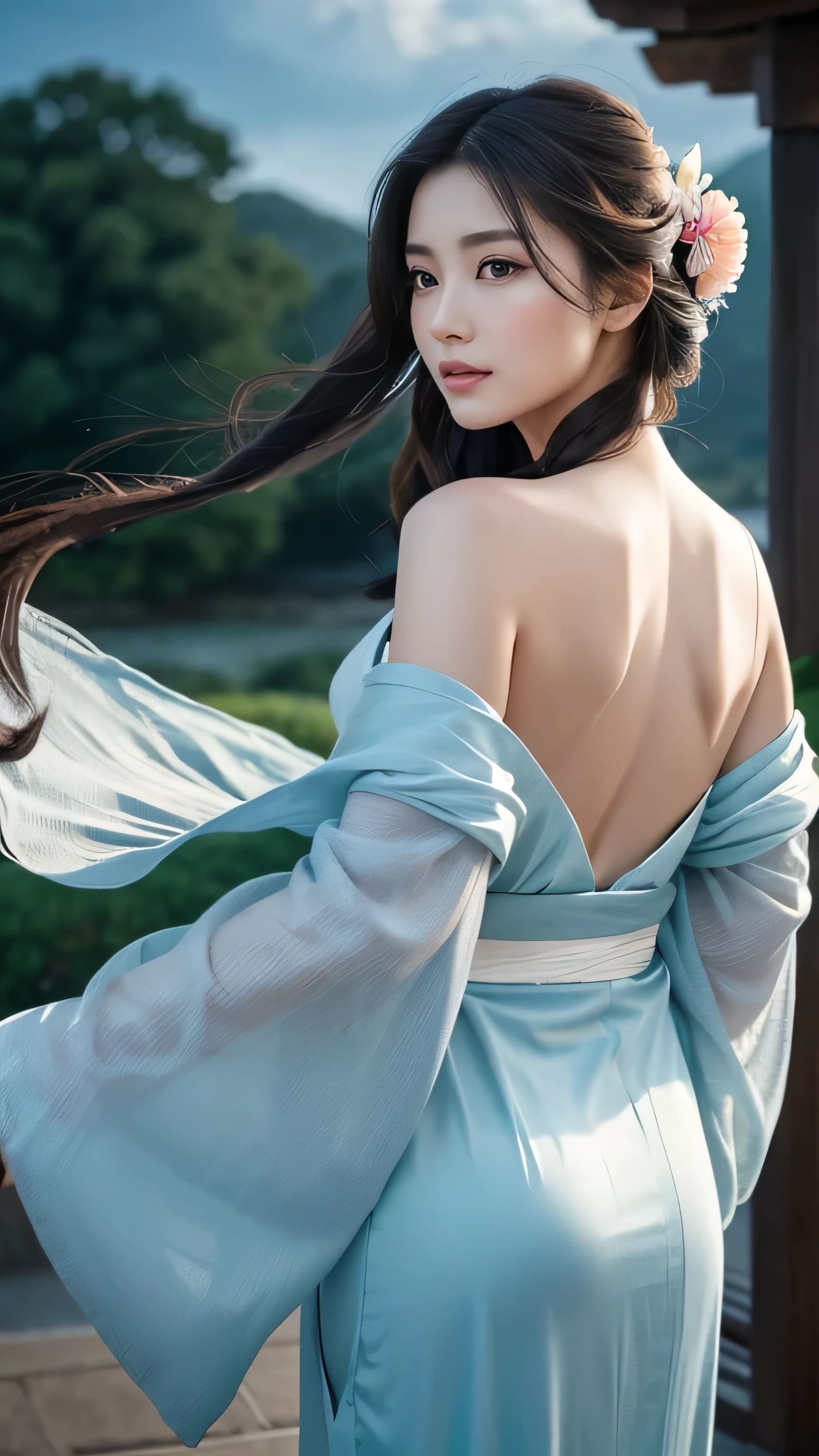 "Depict Fujin, the Japanese god of wind, reimagined as the ultimate beautiful girl while retaining her iconic features. She stands at a graceful height, her form slender yet strong, exuding an air of elegance and power. Her skin is a soft, ethereal shade with a faint, warm glow, hinting at her divine nature. Her long, flowing hair, the color of silver or a gentle breeze, cascades down her back in soft waves, constantly shifting as if moved by an unseen wind.
Her eyes, large and captivating, are a deep, stormy gray, filled with a mix of mystery and allure, drawing in anyone who meets her gaze. Her facial features are delicate yet striking, with high cheekbones, a small, perfectly shaped nose, and full lips that curve into a gentle, knowing smile.
She is dressed in a flowing, elegant kimono that flutters gracefully in the wind, adorned with intricate patterns that symbolize her control over the elements. The kimono is a blend of soft pastels and vivid hues, reminiscent of the sky at dawn or dusk, and the fabric moves as if it has a life of its own, enhancing her connection to the wind.
Her presence is serene yet commanding, and she carries a beautifully crafted, ornate fan instead of the traditional wind sack, from which gentle breezes seem to flow effortlessly. The background features a tranquil, wind-swept landscape, with softly swaying trees and a sky filled with drifting clouds, all in harmony with her calm and graceful demeanor. This depiction should blend the traditional essence of Fujin with the delicate beauty and elegance of a reimagined, divine young woman."