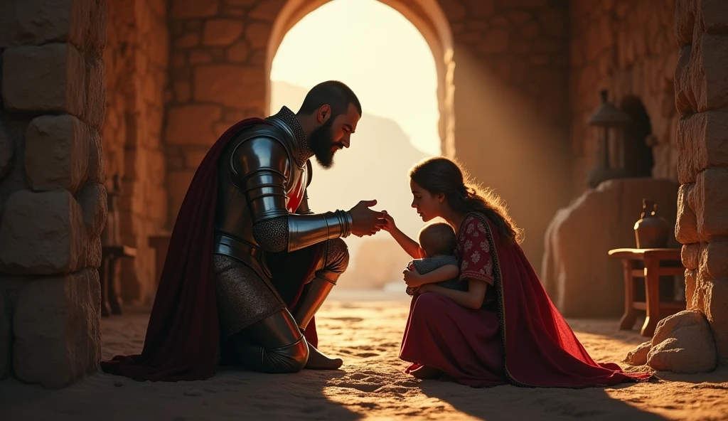 A highly realistic, high-contrast, 8K HD, detailed, hyper-detailed image of a Crusader knight in armor, saying goodbye to his wife and child in a rustic home. The knight, dressed in steel armor with a red cross on his tunic, is kneeling down to embrace his child while his wife stands nearby, holding his hand. The scene is filled with warm, emotional light, casting a soft glow over the family as they share this tender moment. The atmosphere is bittersweet, capturing the love and sorrow of the farewell as the knight prepares to leave for battle. The image is of the highest quality, with ultra-high resolution, RAW photo quality, and Unreal Engine rendering, portraying the deep emotions and bonds of the Crusader knight and his family in their rustic home.
