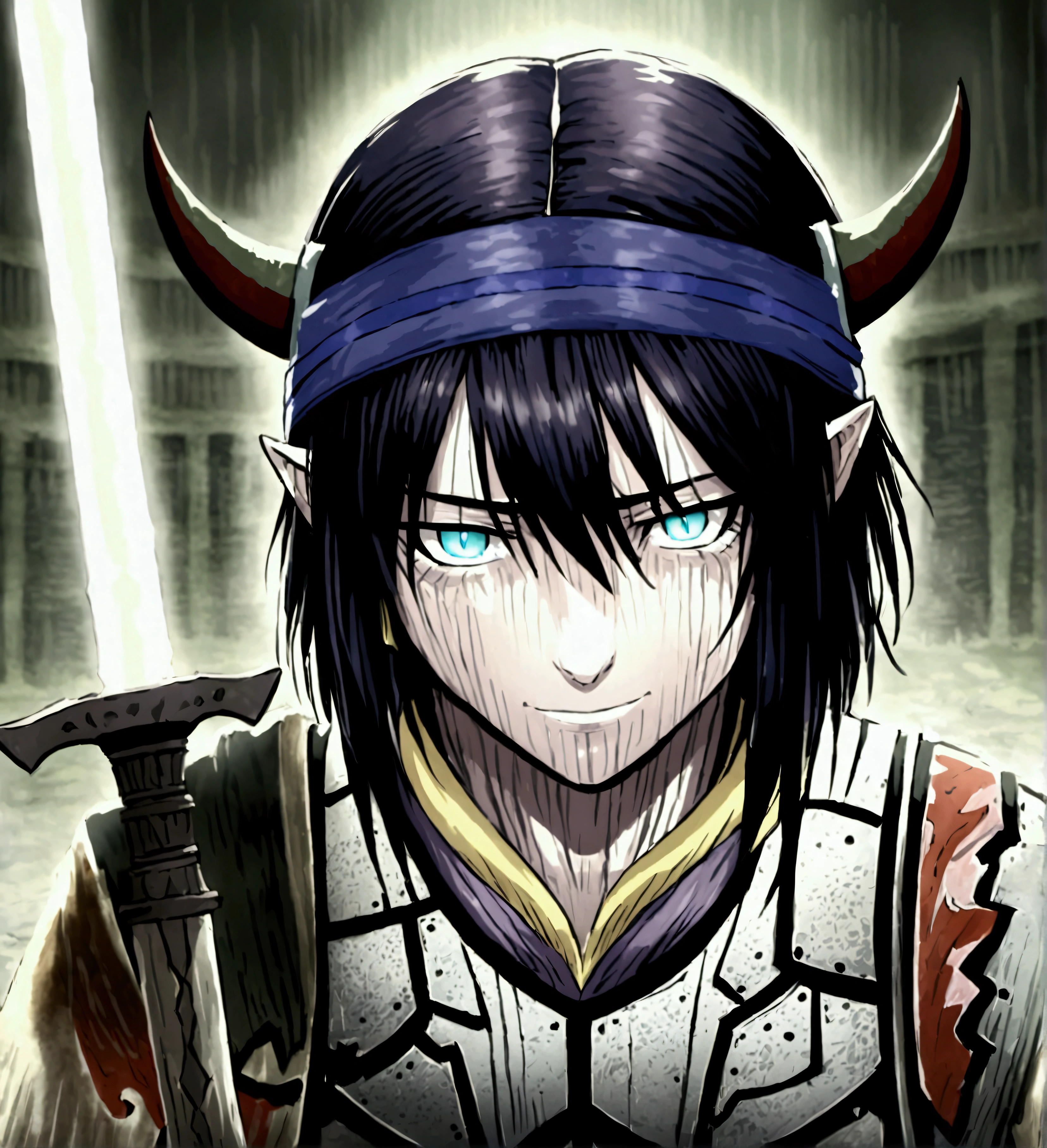 Wander from Shadow of the Colossus holding a glowing sword, With horns on his head and smiling
