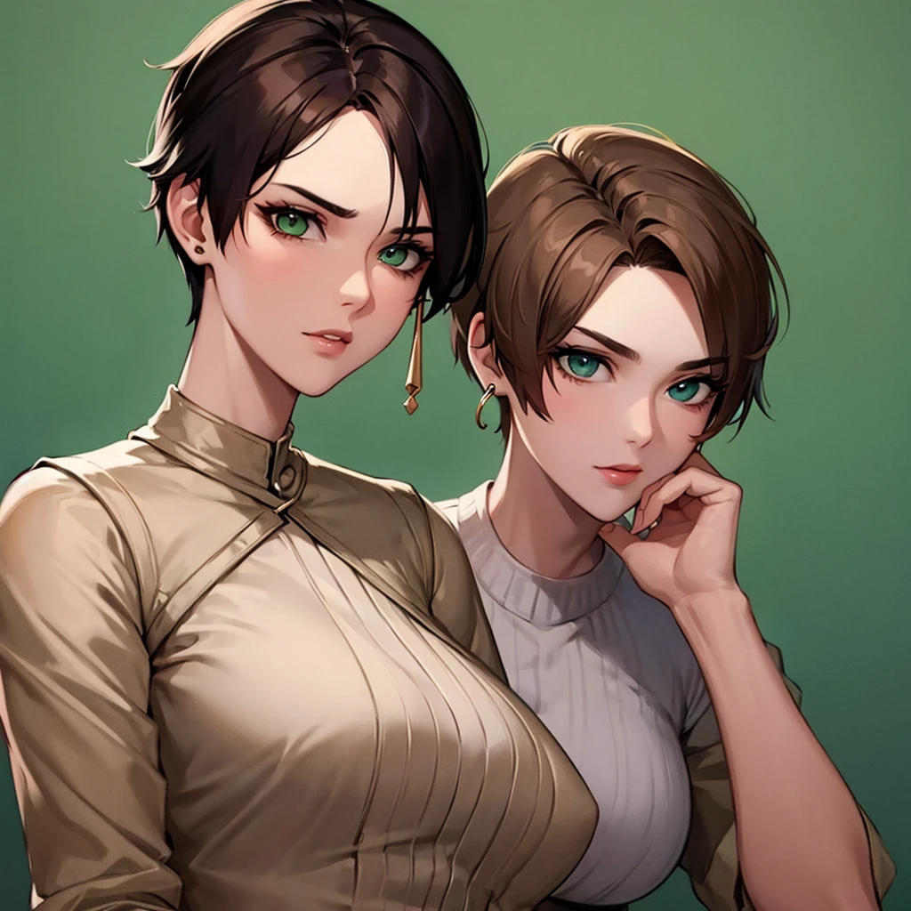 Strictness, eyebrows knitted, short hair, Brown hair, earrings, Green eyesSimple background, 