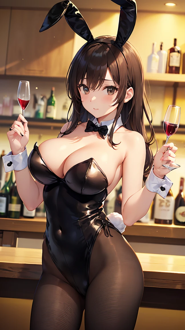 A 40-year-old woman with huge breasts at a bar、Wearing a bunny girl。I have a wine glass。This is a high resolution image.。(playboy bunny, black rabbit ears, wrist cuffs, black leotard, brown tights:1.5),