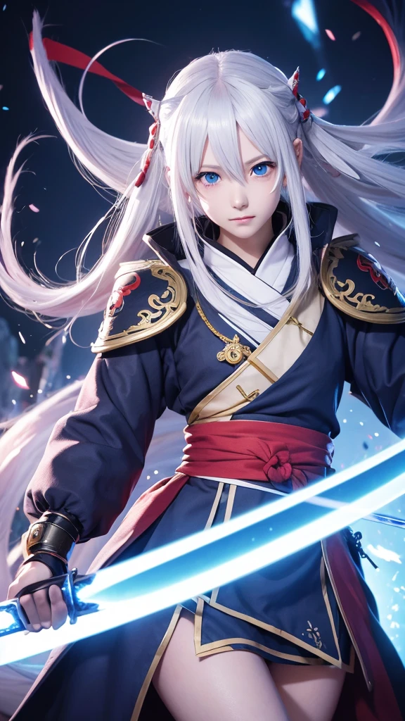 An anime character with white hair and blue eyes holding a sword., onmyoji, The Detailed Art of the Onmyoji, Onmyoji portrait, From Arknights, Best anime 4k konachan wallpaper, Anime Style 4k, Anime Art Wallpapers 8K, Keqing of Genshin Impact, Demon Slayer Louis Fan Art, anime art wallpaper 4k, anime art wallpaper 4k