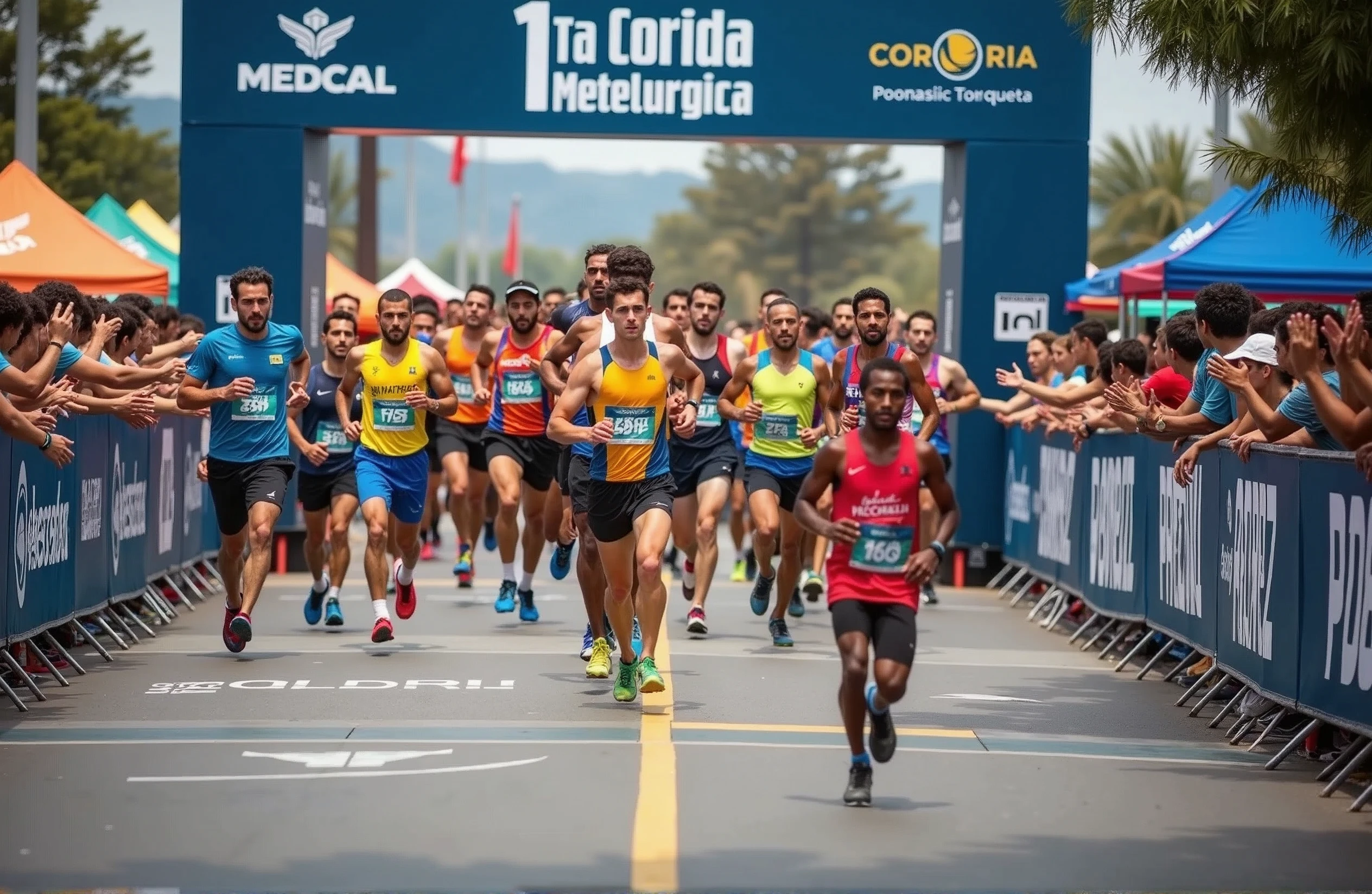 A high-quality photo of a large group of Brazilian people running in a marathon during the daytime. The runners, wearing a variety of colorful athletic gear, are in mid-stride, with expressions of focus and determination. sunlight dapples the ground, creating dynamic shadows. The scene is lively with spectators cheering from the sidelines, and the overall atmosphere is energetic and celebratory. Text written on banner "1ª Corrida Metelurgica"
