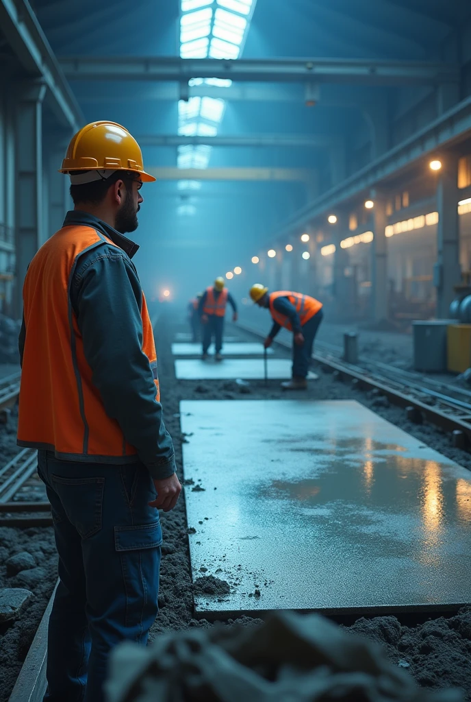 Civil engineer observes the concreting of a slab in a factory, with cold lighting, ambient colors in blue tones