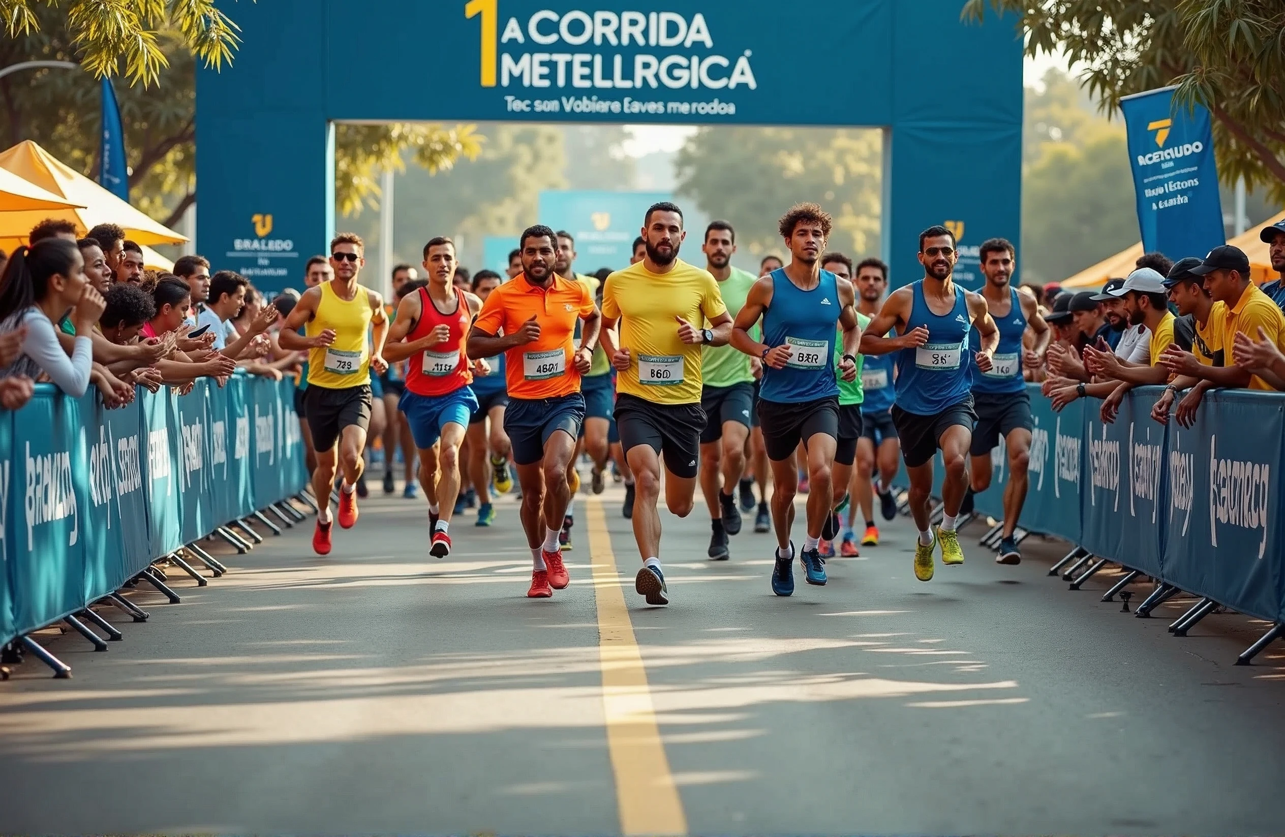 A high-quality photo of a large group of Brazilian people running in a marathon during the daytime. The runners, wearing a variety of colorful athletic gear, are in mid-stride, with expressions of focus and determination. sunlight dapples the ground, creating dynamic shadows. The scene is lively with spectators cheering from the sidelines, and the overall atmosphere is energetic and celebratory. Text written on banner "1ª Corrida Metelurgica"