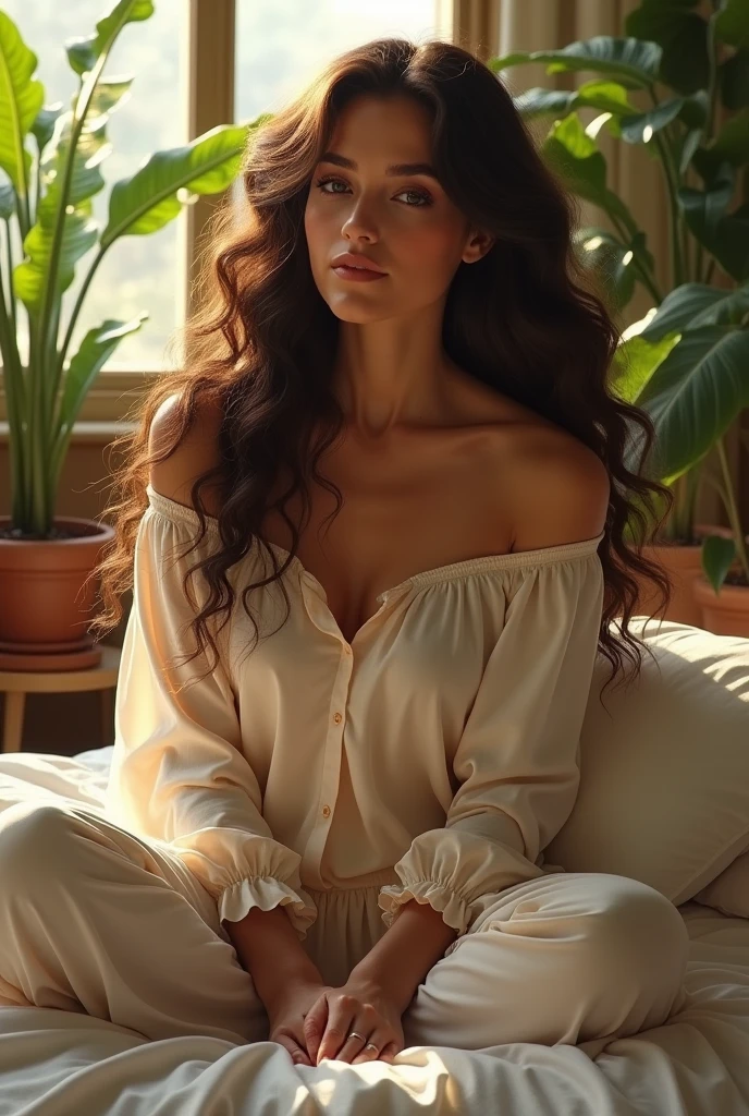 (photorealism:1.2), beautiful woman, sitting on bed, wearing loose off-shoulder top, pajama pants, long curly hair, indoors, soft lighting, plants in background, window with sunlight, cozy room, relaxed pose, realistic, intricate details, warm colors, by Greg Rutkowski, by Alphonse Mucha