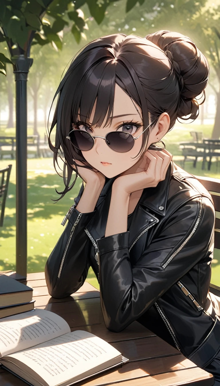 A striking young woman sits at a table in a sunlit park, fully immersed in reading a book. She has long, dark hair elegantly tied up in a bun, with stylish sunglasses perched top her head. Her hair is accented with a few loose, soft curls that frame her face, adding a delicate touch to her strong features. She wears a sleek black leather jacket with prominent zippers, which complements her modern, edgy style. Her expression is focused and serene, with a subtle sense of confidence. Her overall look is both chic and approachable, capturing a blend of sophistication and natural beauty