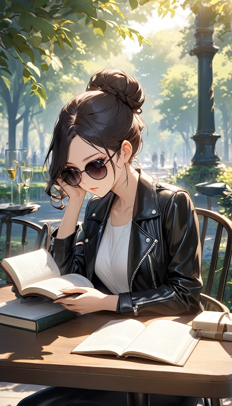 A striking young woman sits at a table in a sunlit park, fully immersed in reading a book. She has long, dark hair elegantly tied up in a bun, with stylish sunglasses perched top her head. Her hair is accented with a few loose, soft curls that frame her face, adding a delicate touch to her strong features. She wears a sleek black leather jacket with prominent zippers, which complements her modern, edgy style. Her expression is focused and serene, with a subtle sense of confidence. Her overall look is both chic and approachable, capturing a blend of sophistication and natural beauty