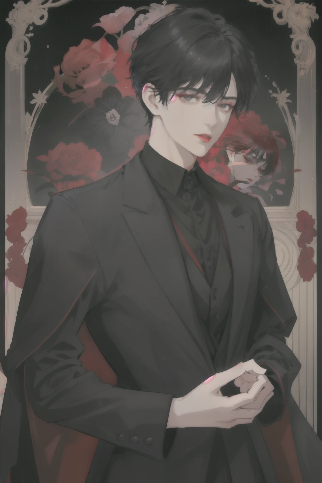 (masterpiece),(individual) Seductive eyes, Soft red lips,Black eyes, Full bangs, Black short hair, Perfect face, Black suit suit, Roll up sleeves, Anime Cover, 1 boy, Solitary, portrait, Prince-like face, Pretty face,Royal Family,rational,Thinking,Learn from excellent examples,Slender figure,juvenile,juvenile感。