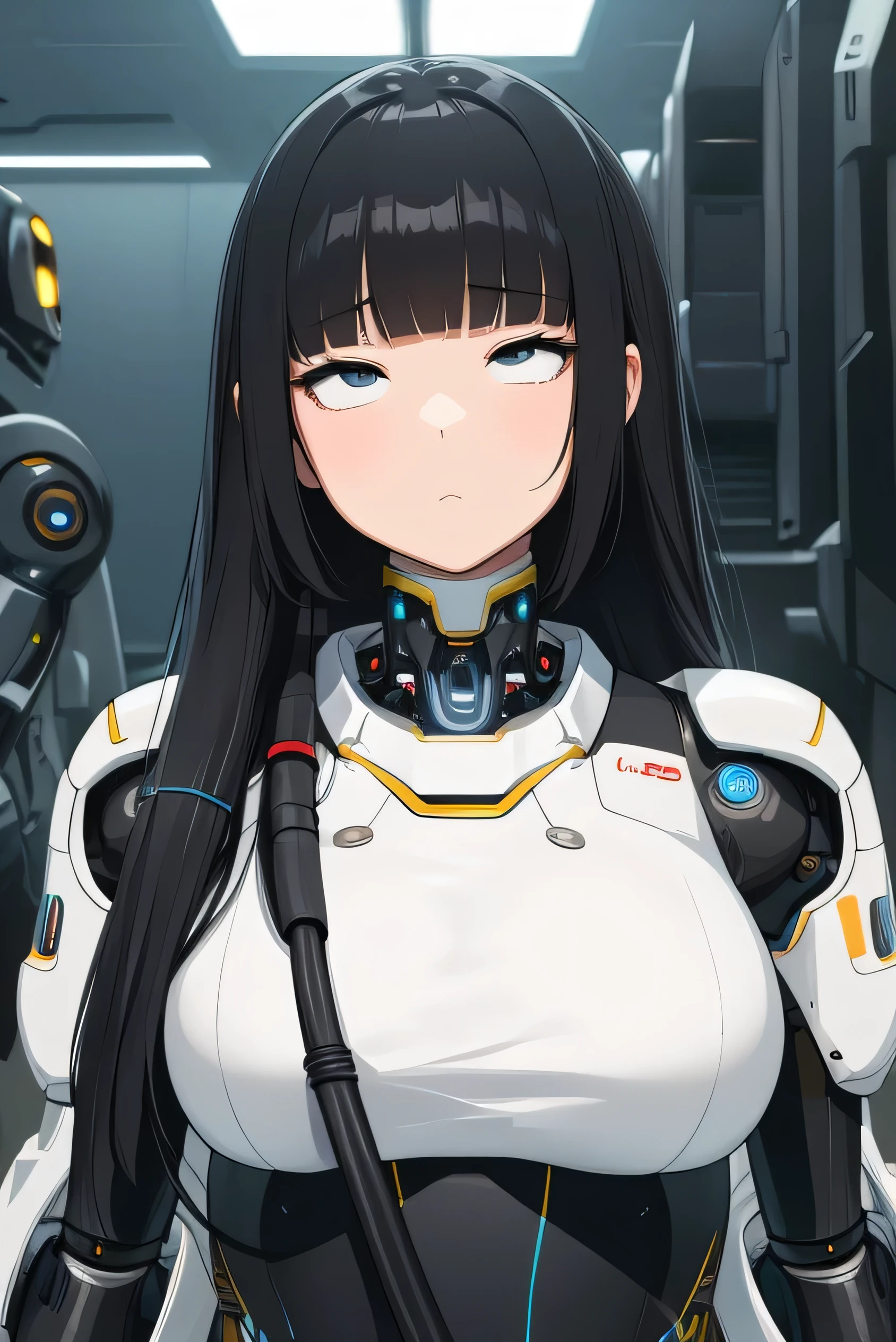 masterpiece, best quality, extremely detailed, Japaese Cyborg Girl,Plump ,navy pleated miniskirt,black tights,control panels,android,Droid,Mechanical Hand, ,clothes with a sense of mechanical technology, Robot arms and legs, Black Robot Parts,Black hair,Mechanical body,Blunt bangs,White abdomen,White robotics parts,tube dress,perfect robot woman,future laboratory,cyber pank,charging spot,android factory,robot factory,cyborg factory,long tube,thick cable connecting her neck,ceramic body ,blue eyes,smechanical body, android,robot humanoid,rolling eyes