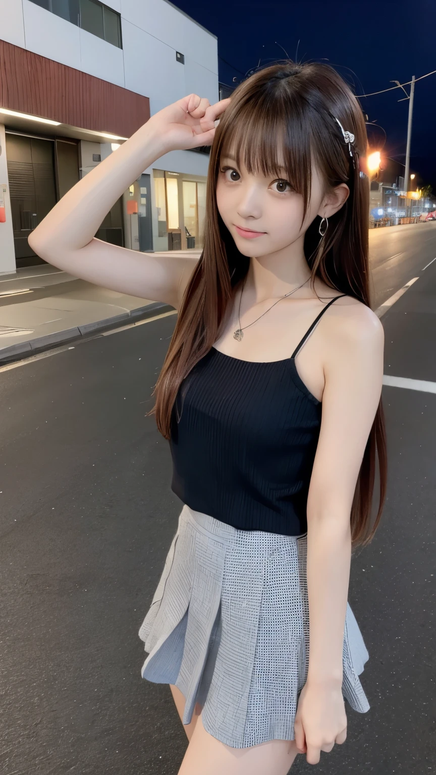 Beautiful images、Beautiful images、Night Sky、shooting start or herd、Teen、Iris、Hair length、Looking up at the sky、Japanese、high school girl、camisole、Fluttering mini skirt、