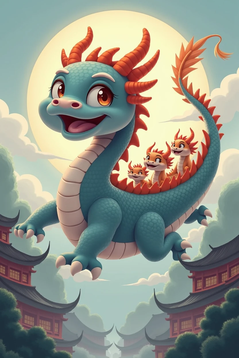 A deep gray Chinese dragon,huge,Warm expression,fly,with a few small dragons on its back,cute style,Chinese style in the background,Don't need wings