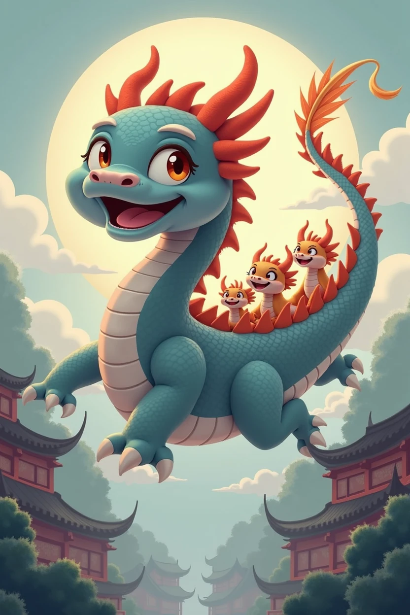 A deep gray Chinese dragon,huge,Warm expression,fly,with a few small dragons on its back,cute style,Chinese style in the background,Don't need wings