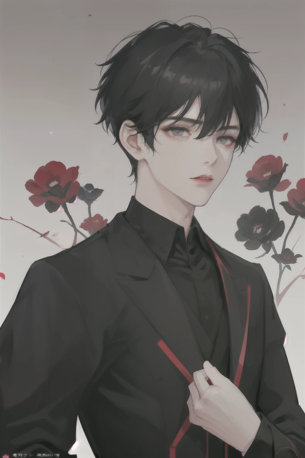 (masterpiece),(individual) Seductive eyes, Soft red lips,Black eyes, Full bangs, Black short hair, Perfect face, Black suit suit, Roll up sleeves, Anime Cover, 1 boy, Solitary, portrait, Prince-like face, Pretty face,Royal Family,rational,Thinking,Learn from excellent examples,Slender figure,juvenile,juvenile感。