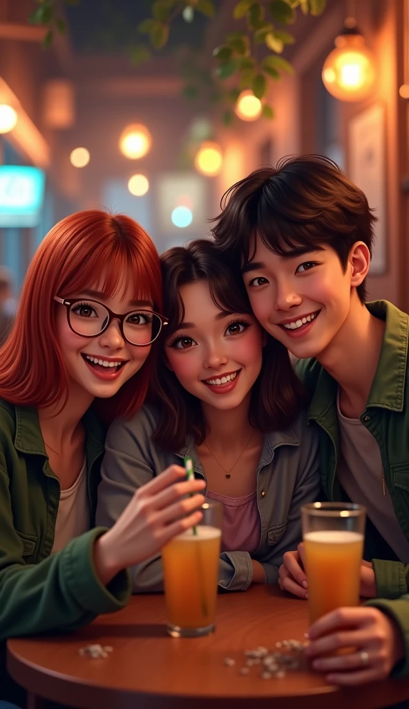 A group of three friends is sitting in a bar and taking selfies. First friend: a girl with straight red hair just below her shoulders, brown eyes and round glasses. Second friend: a brunette girl with slightly curly hair and brown eyes. Third friend: a guy with a dark brown short bob with brown eyes