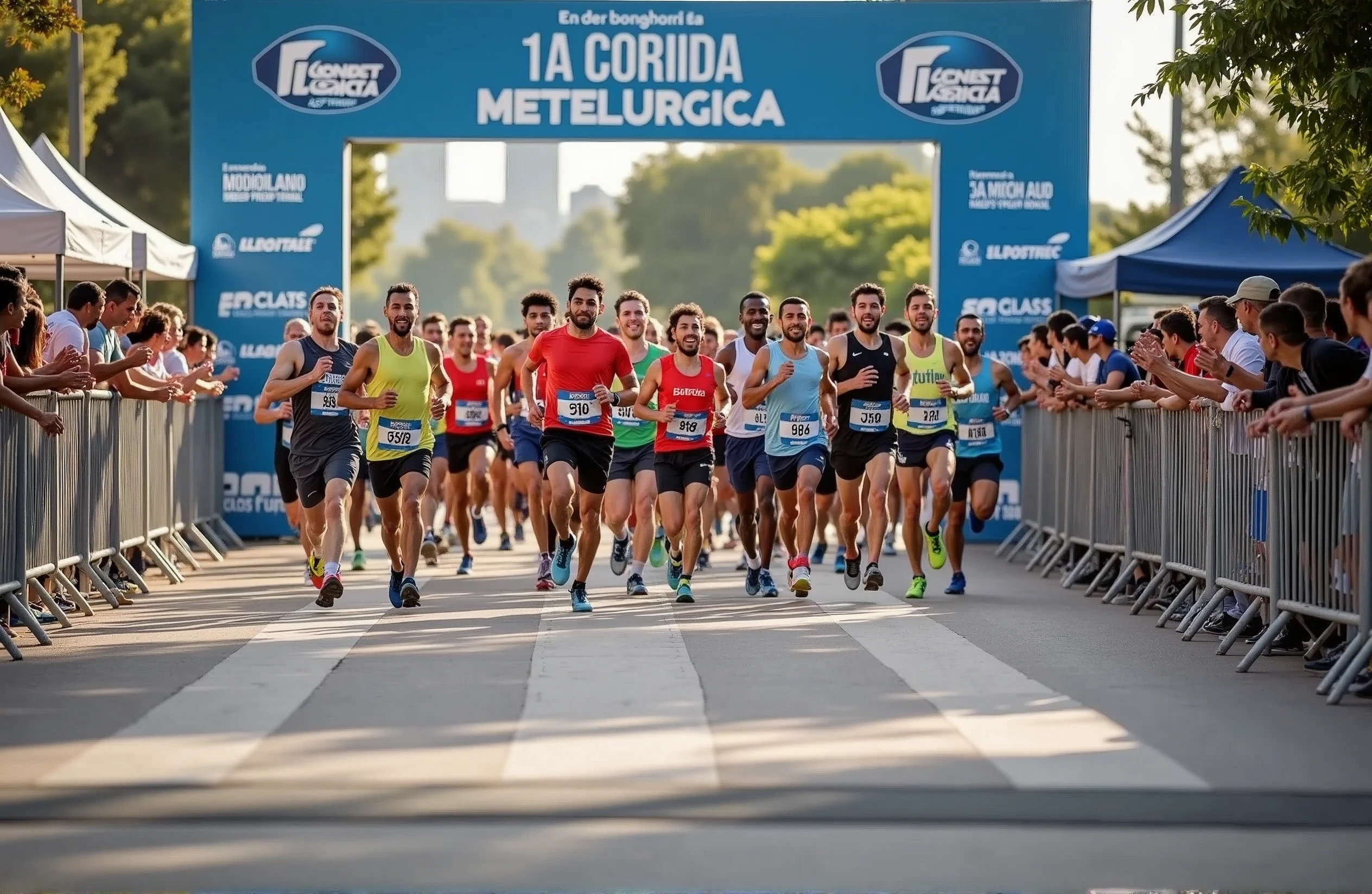 A high-quality photo of a large group of Brazilian people running in a marathon during the daytime. The runners, wearing a variety of colorful athletic gear, are in mid-stride, with expressions of focus and determination. sunlight dapples the ground, creating dynamic shadows. The scene is lively with spectators cheering from the sidelines, and the overall atmosphere is energetic and celebratory. Text written on banner "1ª Corrida Metelurgica"