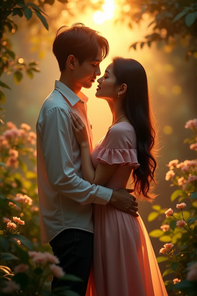 Super realistic full body photo of an Indonesian couple. The man has shoulder-length hair and a stylish appearance. Beautiful woman with long flowing hair. They stood close together in a romantic, tender atmosphere. gardens that light up at sunset, with warm golden light shining through the trees. The couple looked at each other, smiling gently, surrounded by an atmosphere of love and tenderness."