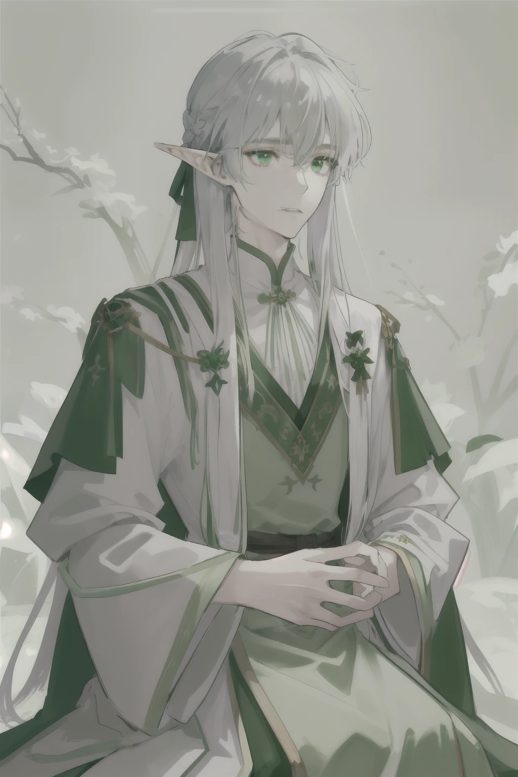 (masterpiece),(individual!!!!!)male,Elves,individual,Deep but clear eyes,Light green eyes,White skin,Silver long hair,Straight Hair,Wearing hair,非常Simple深绿色长袍,Gentle but calm,simple,Simple,Noble and elegant temperament,(Pure dark green robe!!!)(Solid color robe)Learn from excellent examples,juvenile,juvenile感(individual!!!!!!!!!!!!!!!!!!!!!!!!individual!!!!!!!!!!!!!!!!!){individual!!!!!!}{Western Elves}{Deep green magic robe}
