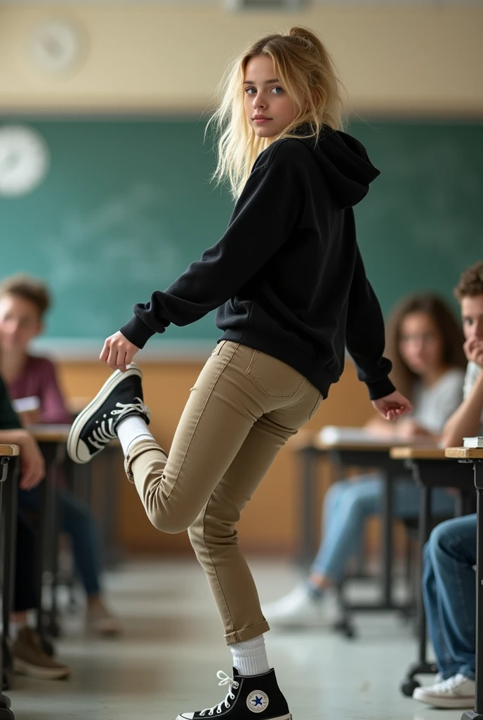 High school white girl, dirty blonde hair, blue eyes, tight khaki pants, black high top converse shoes, black hoodie, white socks, one leg kicking in the air towards the camera, classroom background, full body, backside, butt.