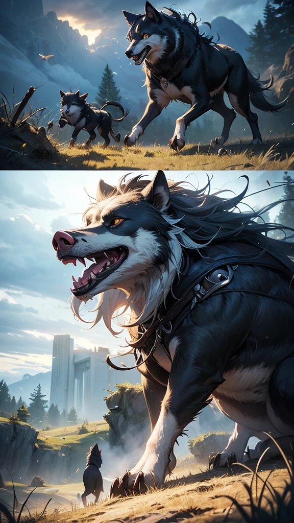 a big and threatening wolf with sharp teeth and fierce eyes taking a deep breath to unleash a powerful gust of wind, the straw house beginning to shatter with pieces of straw swirling in the air, two frightened little pigs peeking out from behind a nearby tree in a sunlit grassy clearing, dark and dense forest in the background, dramatic lighting, cinematic composition, realistic 3d render, highly detailed, award winning fantasy illustration, digital art