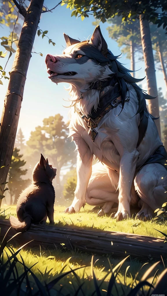 a big and threatening wolf with sharp teeth and fierce eyes taking a deep breath to unleash a powerful gust of wind, the straw house beginning to shatter with pieces of straw swirling in the air, two frightened little pigs peeking out from behind a nearby tree in a sunlit grassy clearing, dark and dense forest in the background, dramatic lighting, cinematic composition, realistic 3d render, highly detailed, award winning fantasy illustration, digital art