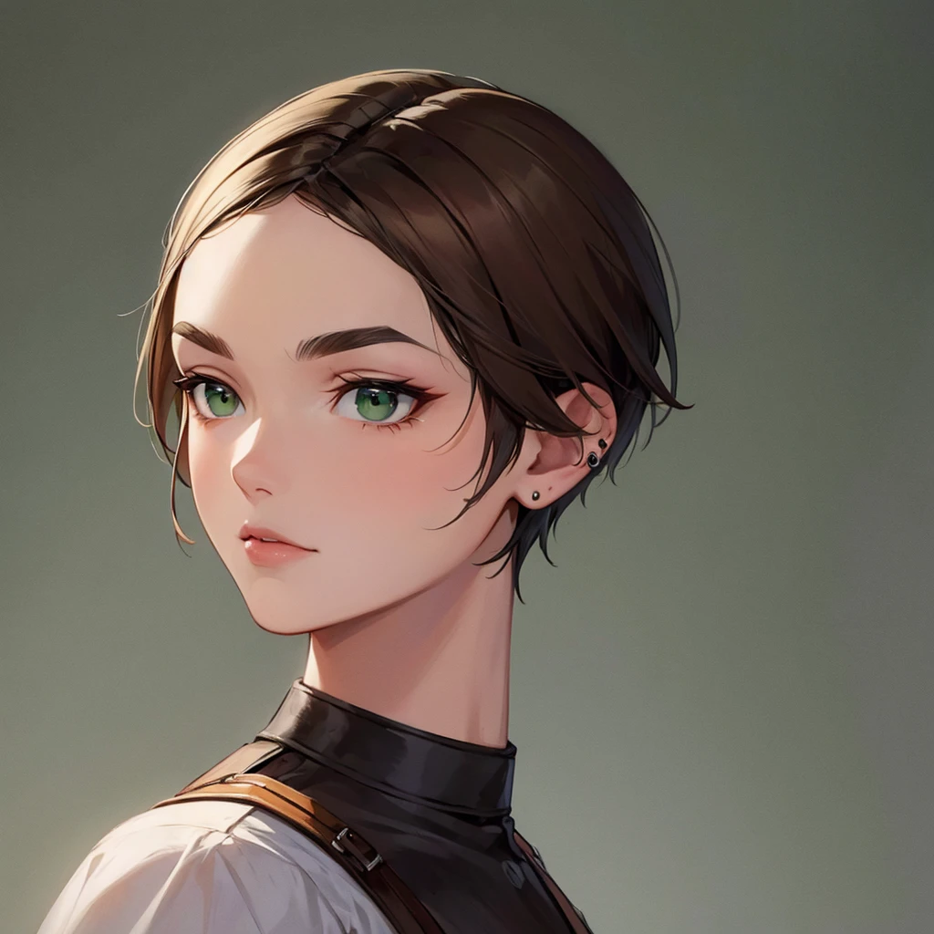Strictness, eyebrows knitted, short hair, Brown hair, earrings, Green Eyes Simple Background, solo,