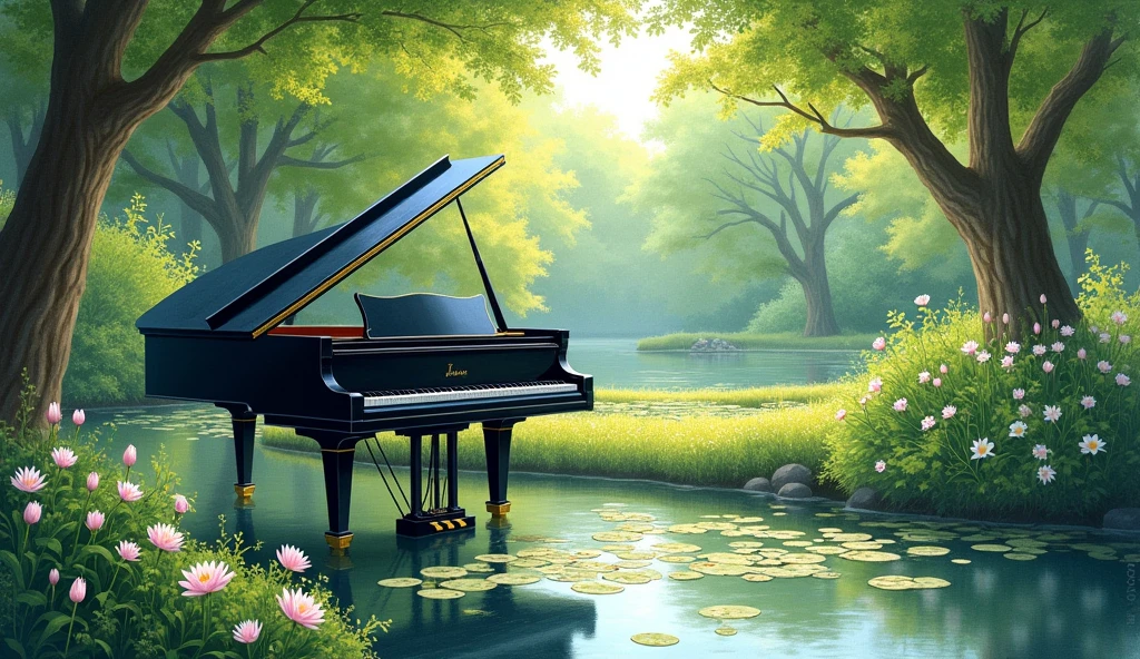 Black grand piano、The statue is placed in front of a pond with blooming water lilies.。Drawn in a realistic watercolor style throughout、There is a quiet atmosphere。The piano is surrounded by lush trees and bushes.、It depicts a corner of a beautiful garden with sunlight streaming in.。