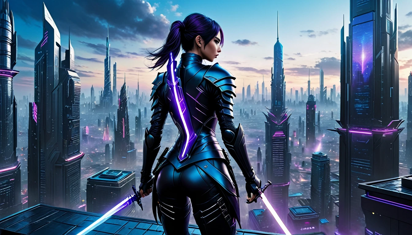 A highly detailed and realistic masterpiece depicting a rear view of a female assassin character. She is dressed in a sleek, futuristic black armor that accentuates her sensuality, wielding high-tech designed swords in both hands. The figure stands on the edge of a tall rooftop, gazing down at the expansive cyber city below. The city is densely packed with vibrant, towering buildings, all showcasing advanced technology. The sky is painted in shades of blue, black, and purple, creating an atmosphere that exudes a high-tech environment. The image captures a cinematic, photo-realistic style with a dark fantasy theme.