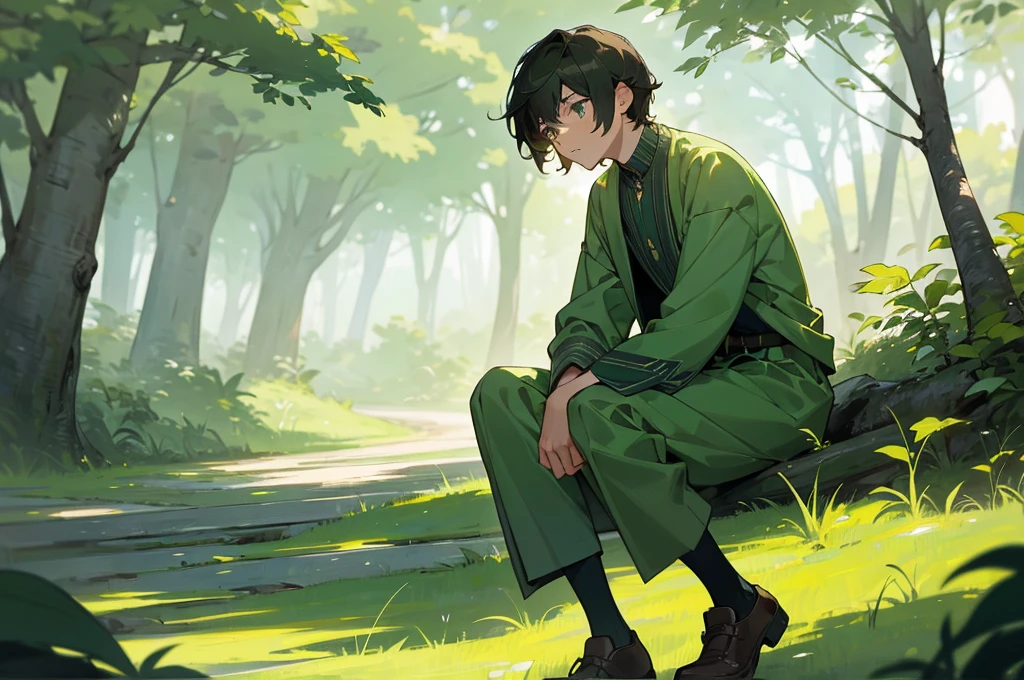 A thoughtful young man with medium hair, a neutral expression, dressed in green-colored clothing and wearing comfortable shoes, lost in thought in a natural setting, his gaze off in the distance