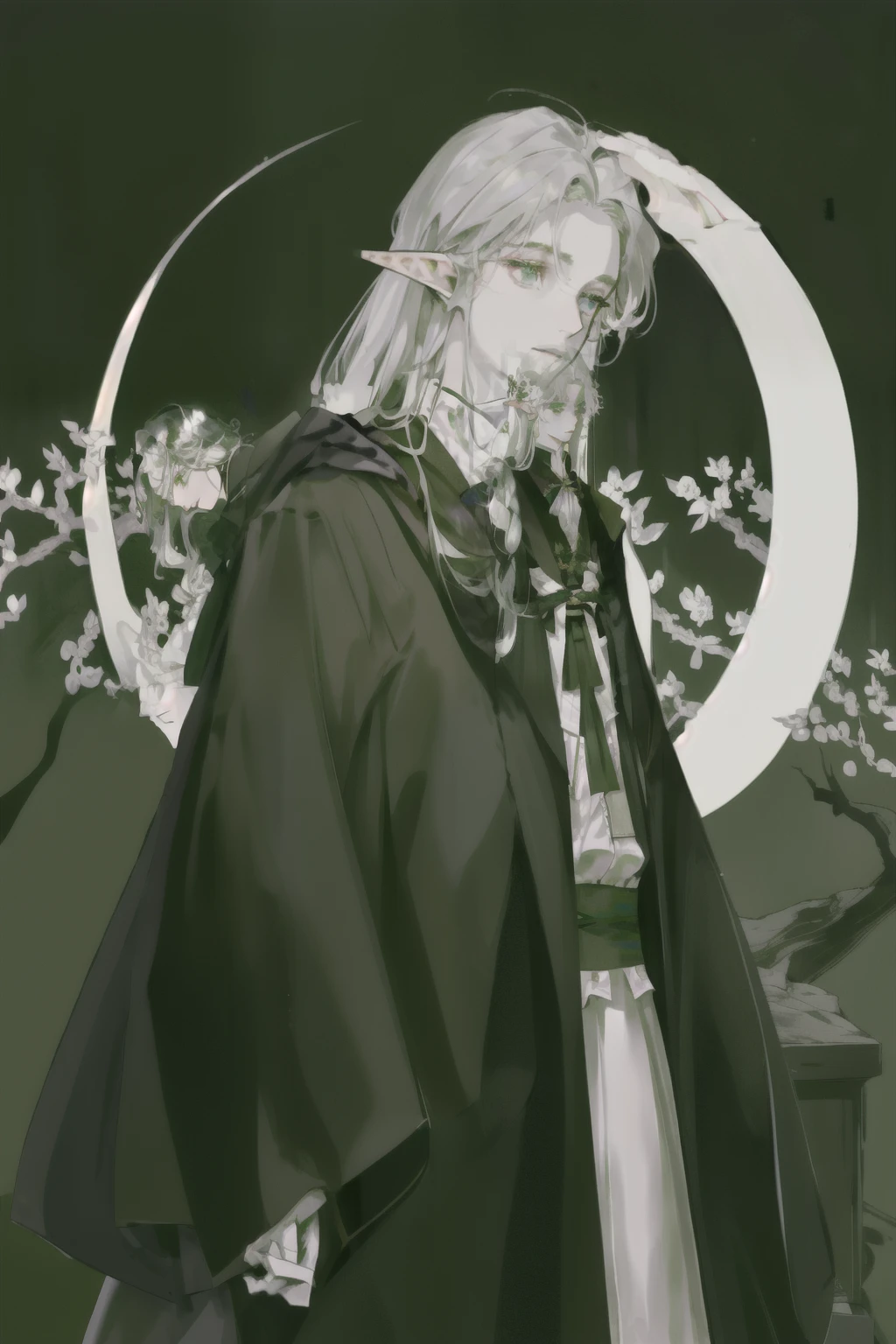 （masterpiece），（individual！！！！！）male，Elves，individual，Deep but clear eyes，Light green eyes，White skin，Silver long hair，Straight Hair，Wearing hair，非常Simple深绿色长袍，Gentle but calm，simple，Simple，Noble and elegant temperament，（Pure dark green robe！！！）（Solid color robe）Learn from excellent examples，juvenile，juvenile感（individual！！！！！！！！！！！！！！！！！！！！！！！！individual！！！！！！！！！！！！！！！！！）{individual！！！！！！}{Western Elves}{Deep green magic robe}