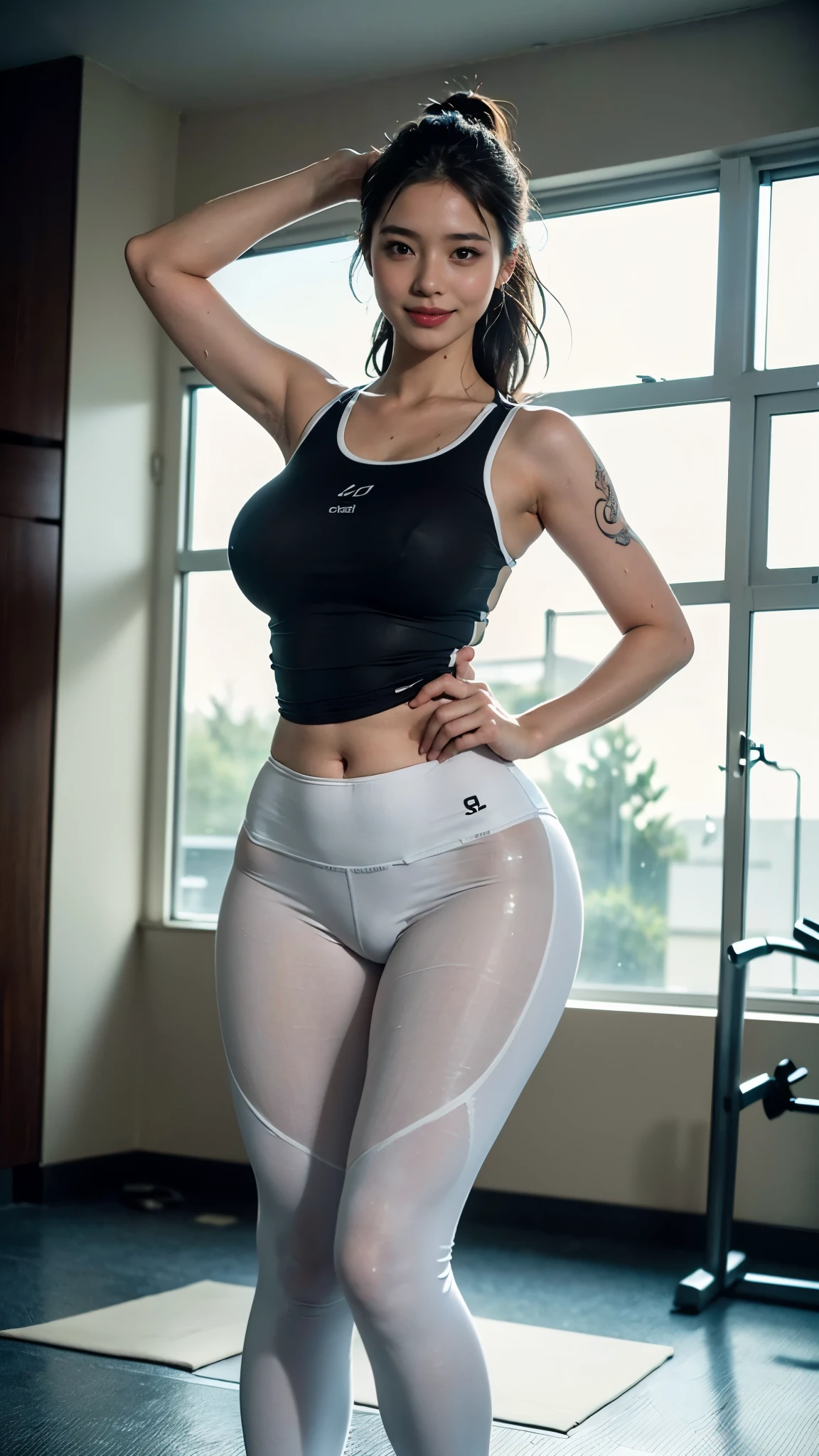Best image quality, high quality, 8k, (Realistic photos:1.4), (一位Beautiful woman:1.33), Shoulder-length straight hair, Beautiful expression, Eye and facial details, Tattoo Skin, Sweaty skin, Wet Skin, (Sheer sportswear:1.3), (Woman training in gym), smile, (Beautiful light:1.3), Super Details, Attention to detail, high quality, High resolution, Split, (Medium chest), (The shape of the nipples is visible:1.2), (Beautiful woman), (Wearing leggings), (I exercise regularly:1.33), (I can see your nipples), Split, (Head to Knee:1.4), (Standing posture:1.3), (Depth of written boundary f/1.8), (looking at the camera:1.3), Sharp focus, (My groin is very plump.:1.4), Wet crotch, Wet Skin,