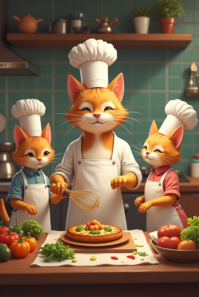 Three chef cats, one male and two female