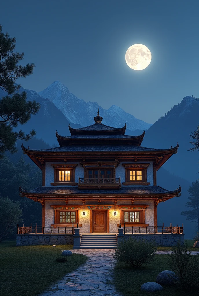 Bhutanese 1 floor house with four rooms at night