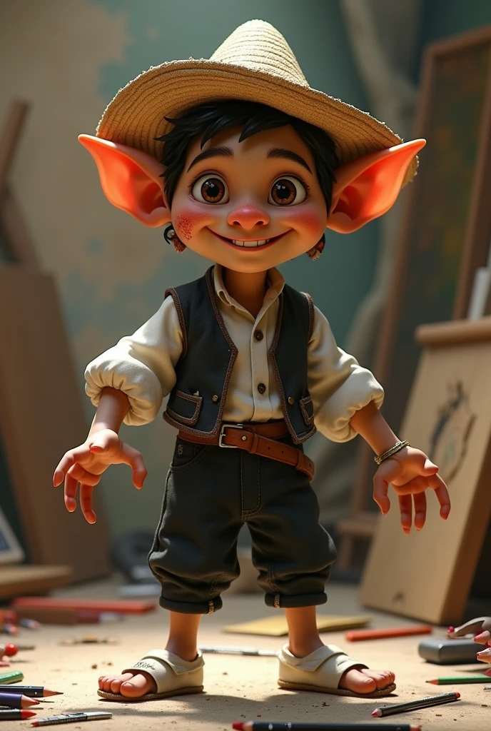 Create an image of a goblin representing animated legends, friendly, que contenga un rostro friendly, youth, charismatic, his clothing has a white shirt, black wool vest, cloth pants, white cabuya espadrilles, toquilla straw hat, Latin American complexion, middle Ages, short ears, that has elements of an artist, like colored pencils, cardboard, paintings, technological resources for arts; His face must have natural eyes, splattered nose, smiling mouth; the character must be in a dynamic pose in motion, in perspective that shows dynamism and movement in his body.