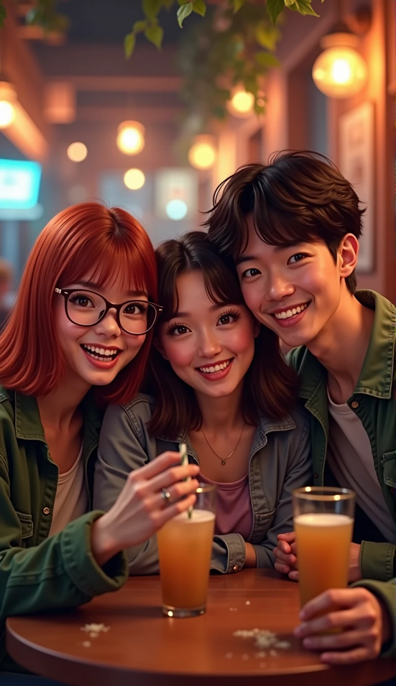 A group of three friends is sitting in a bar and taking selfies. First friend: a girl with straight red hair just below her shoulders, brown eyes and round glasses. Second friend: a brunette girl with slightly curly hair and brown eyes. Third friend: a guy with a dark brown short bob with brown eyes