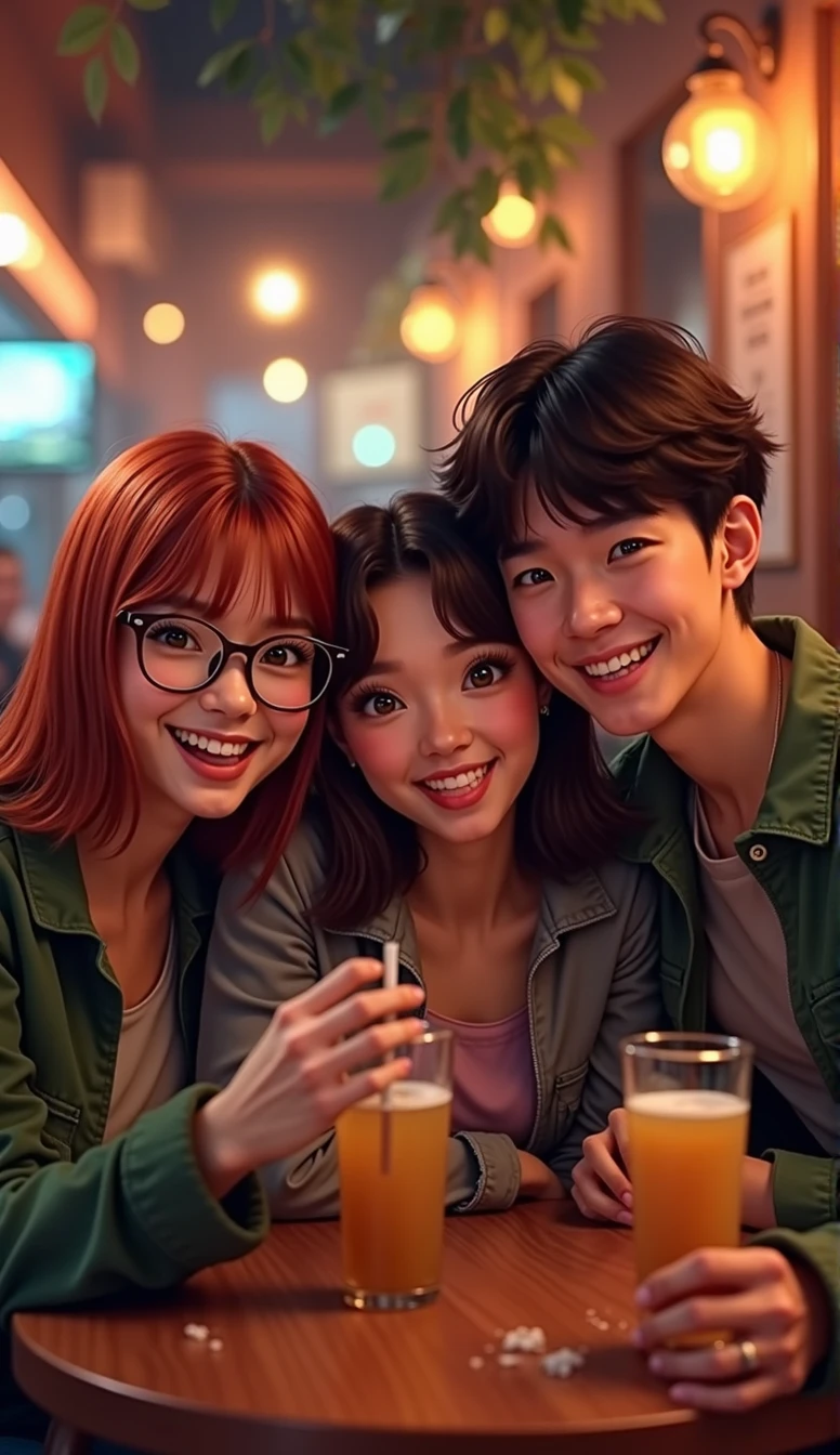 A group of three friends is sitting in a bar and taking selfies. First friend: a girl with straight red hair just below her shoulders, brown eyes and round glasses. Second friend: a brunette girl with slightly curly hair and brown eyes. Third friend: a guy with a dark brown short bob with brown eyes