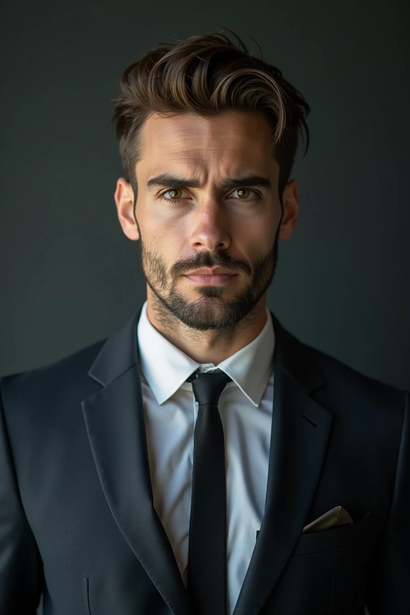 a 30 year old man in a suit and tie, straight body and head in the photo, facing the observer of the photo, eyes fixed on the lens, Shoulders and head appear in the photo, man centered in photo, 8k, best qualityer, Masterpiece artwork, realisitic, foto realisitic, film photo, ultra realisitic, 1 person, detailded, perfect lighting, dsrl, professional foto, 4K