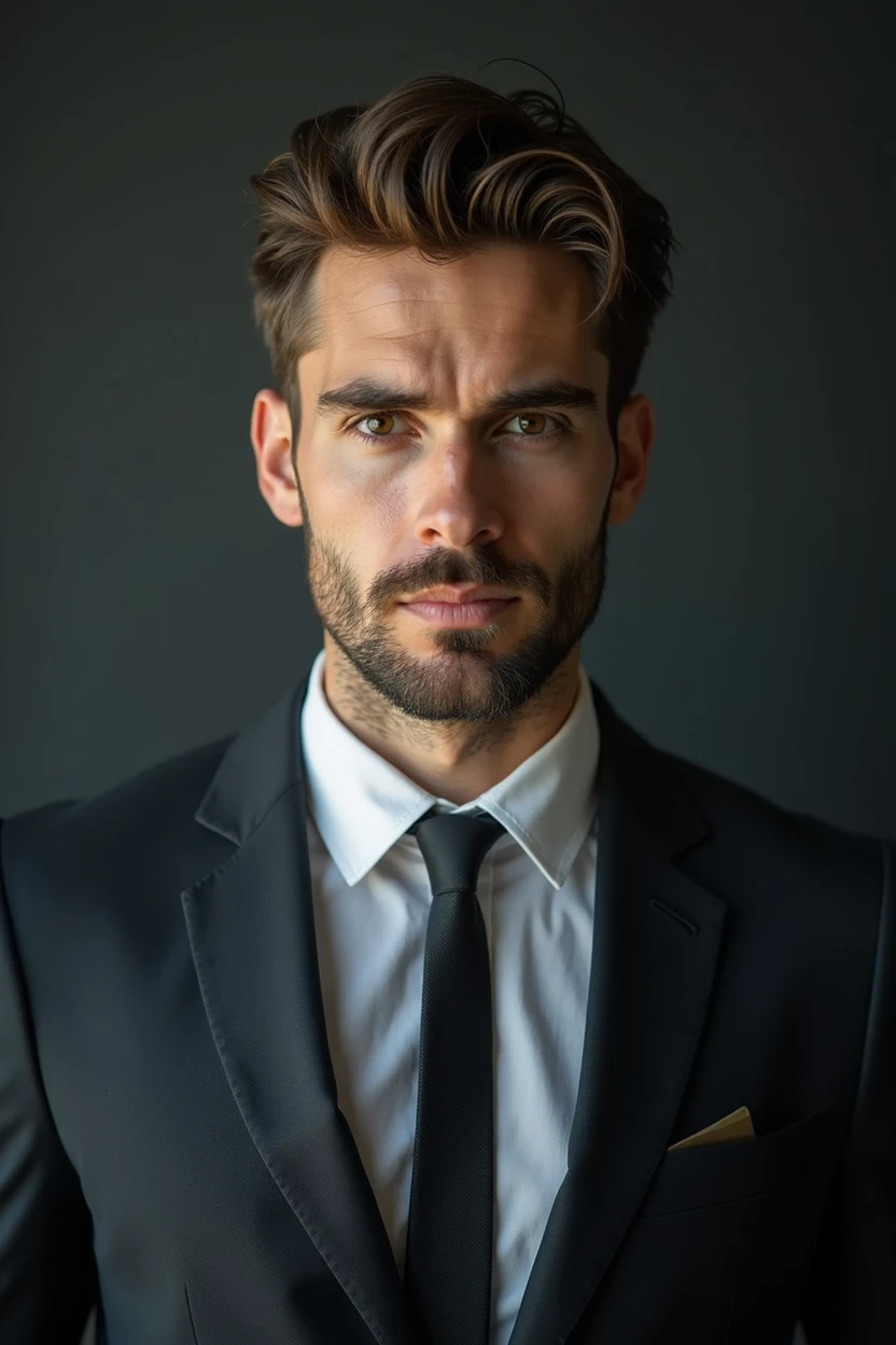 a 30 year old man in a suit and tie, straight body and head in the photo, facing the observer of the photo, eyes fixed on the lens, Shoulders and head appear in the photo, man centered in photo, 8k, best qualityer, Masterpiece artwork, realisitic, foto realisitic, film photo, ultra realisitic, 1 person, detailded, perfect lighting, dsrl, professional foto, 4K