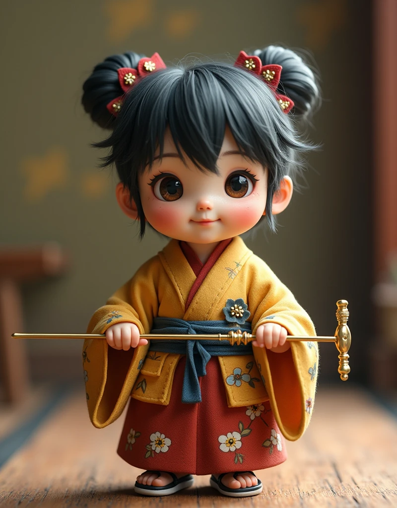 Japanese folklore、dwarf、One-sun in height（3cm in modern metric system）A young man who never grew up, no matter how many years passed.＿dwarf、Wearing traditional Japanese clothing、Holding a sewing needle bigger than their own body.