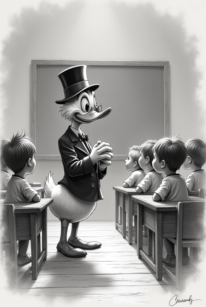Draw a pencil sketch of Scrooge McDuck in a classroom talking to students wearing yellow shirts.