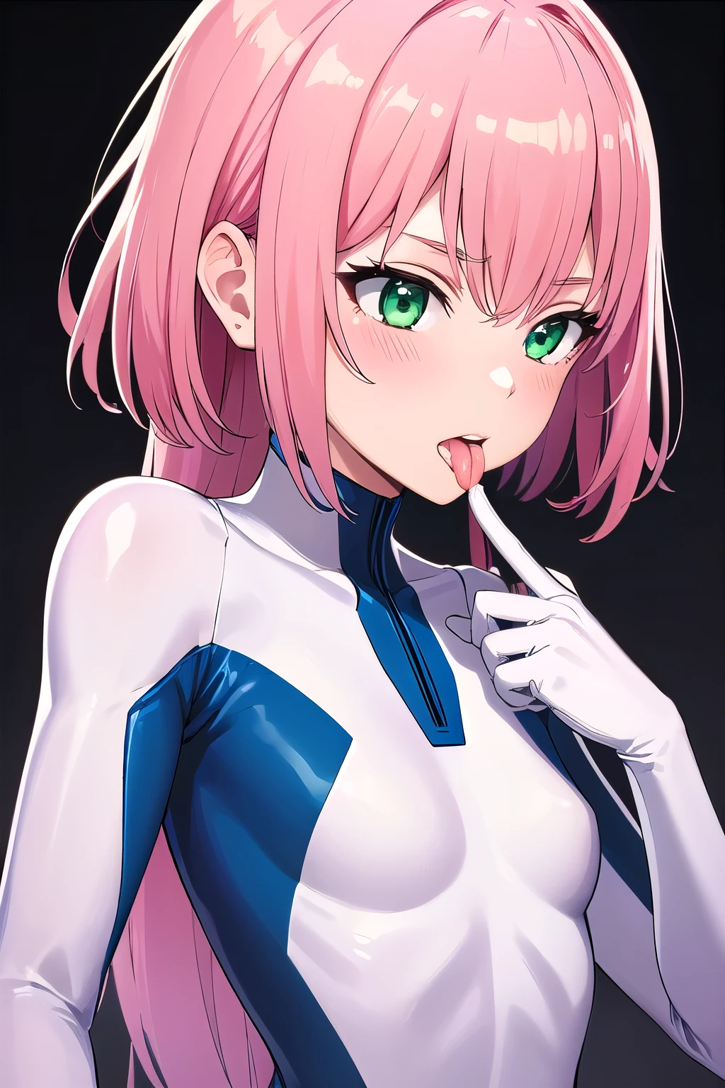 2 girl,Samus aran,solo,green eyes, pink hair, forehead hair, white zero suit,white body suit,purple stripes,cowboy shot,blush,,Science fiction,ultra-detailed,sharp focus,aesthetic,(best quality), white background, (Licking ears:1.2)